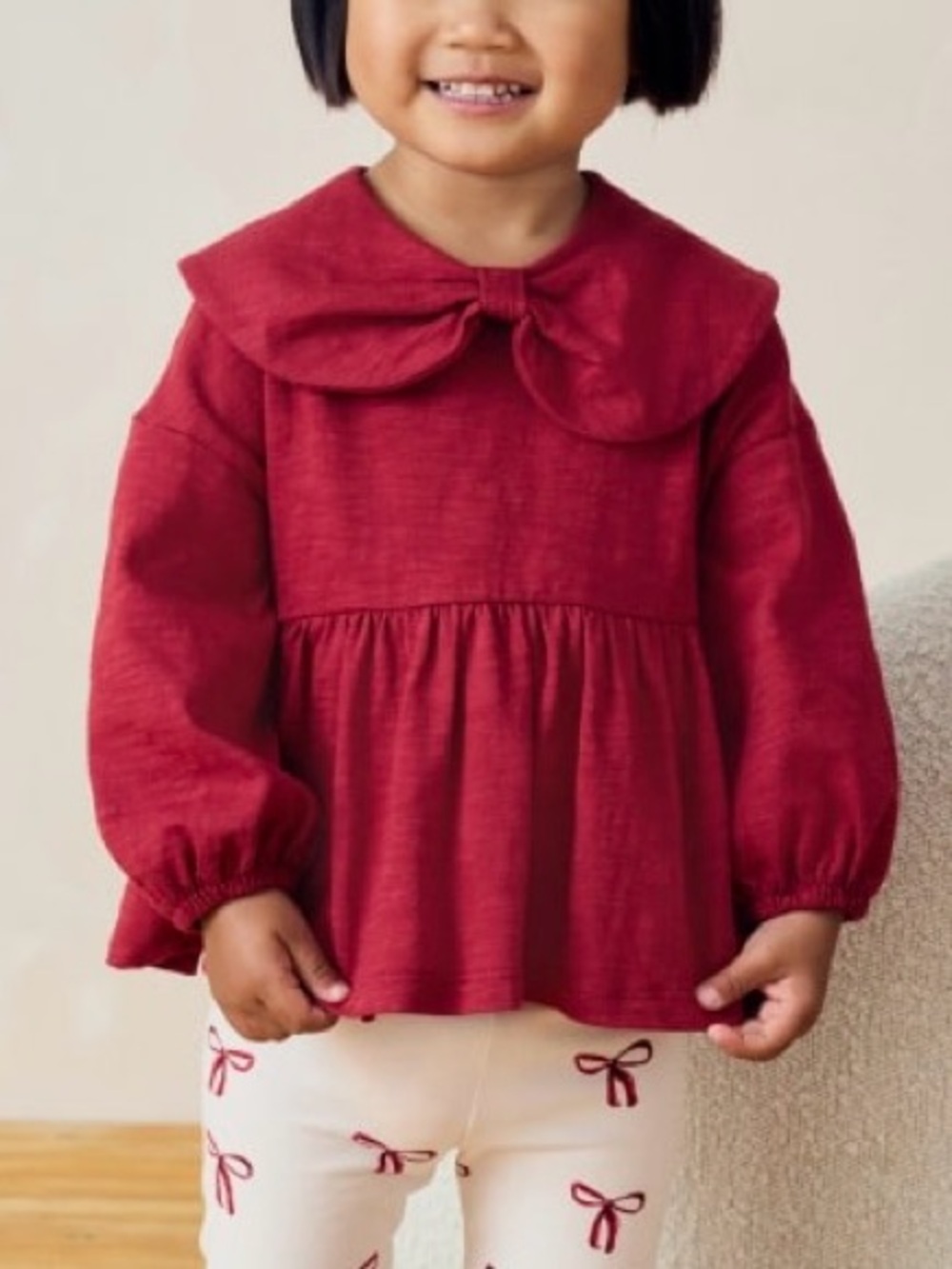NEXT Girls Red Bow Collar Peplum Top Size 6-7 Years Long Sleeve Cotton Shirt